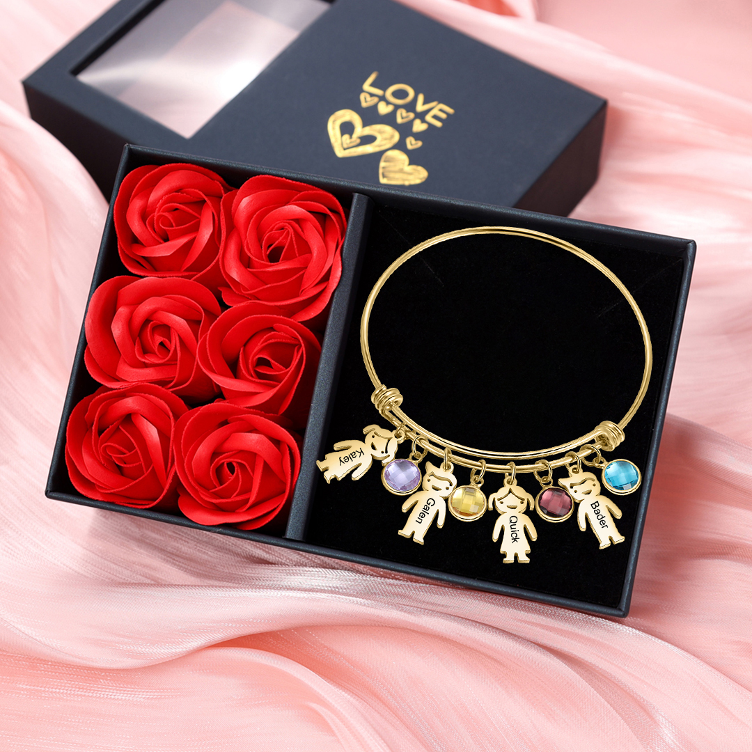 Bangle Bracelet with Kids Charms Persoanlized with 4 Birthstone Custom Bracelets Rose Box Set