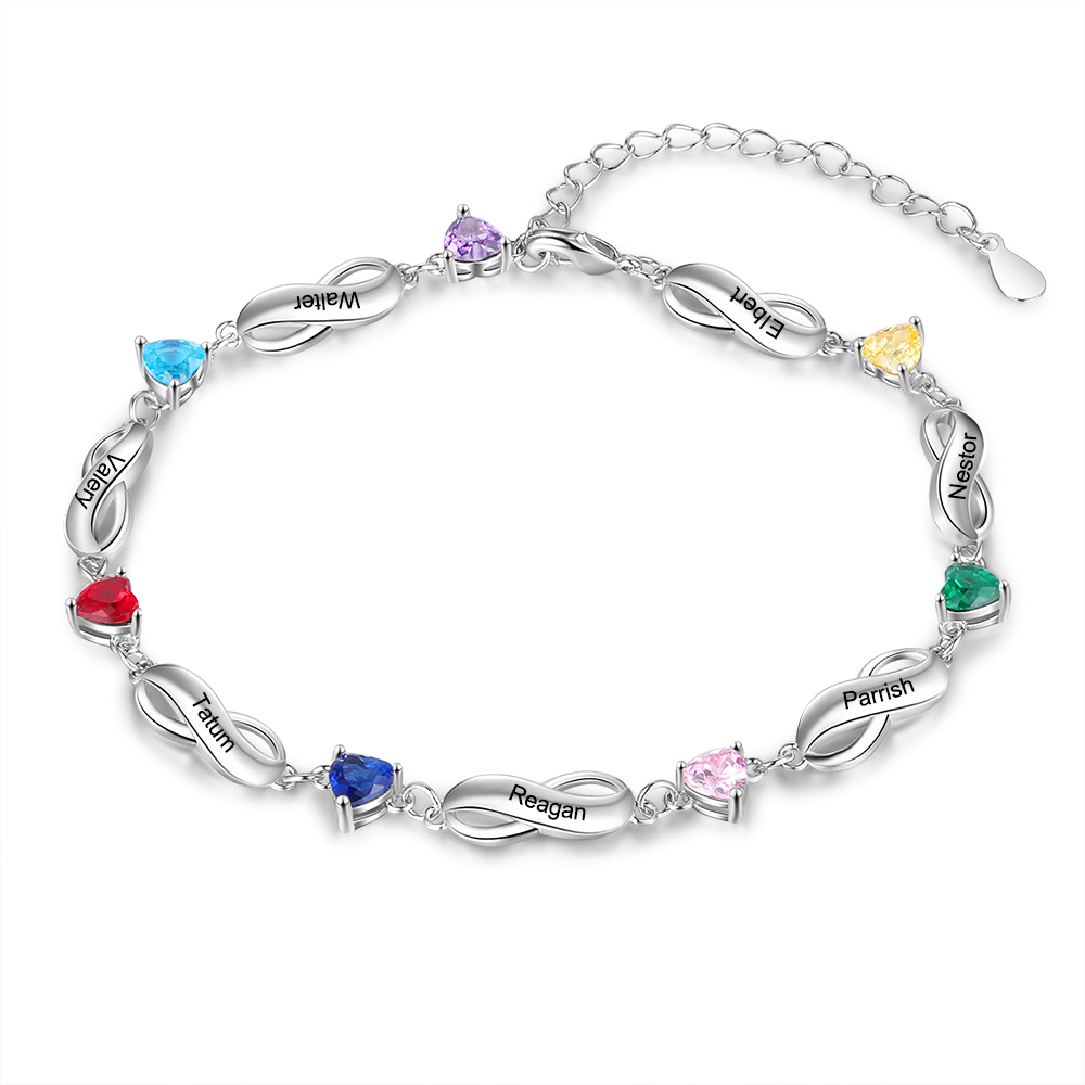 Personalised Infinity Bracelet With 7 Birthstones Engraved Names Bracelet Gift For Women