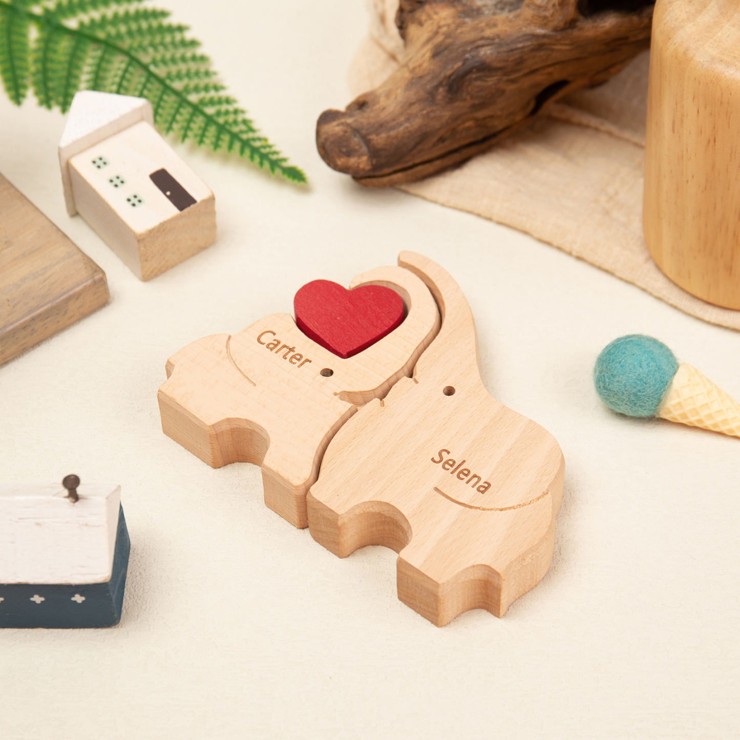Personalised Wooden Animal Puzzle Custom 2 Names Puzzle Elephant Bear Hedgehog Hug Ornament Gifts for Family Couple-Jessemade AU