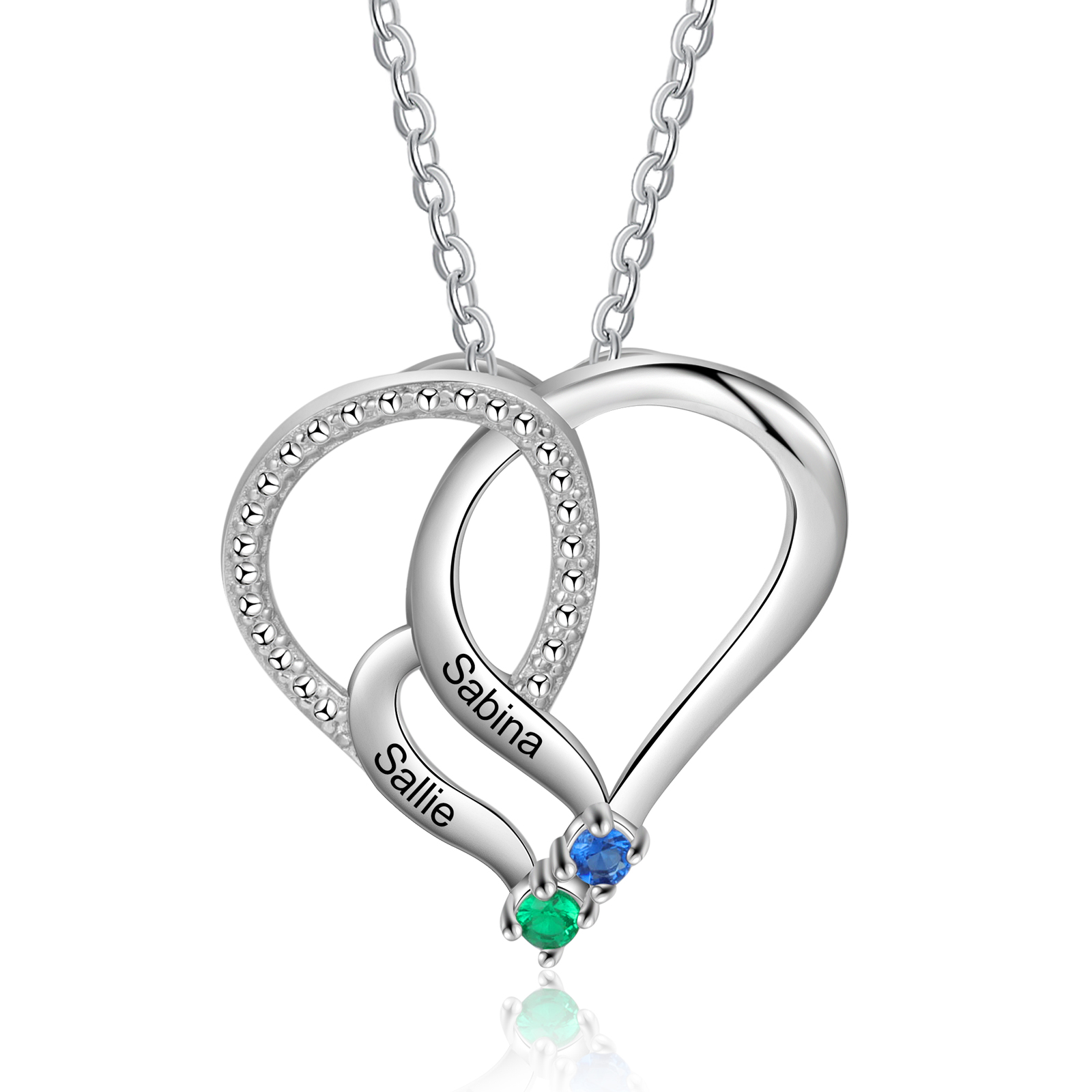 Personalised Heart Necklace With 2 Birthstones Engraved Names Gift For Her-Jessemade AU