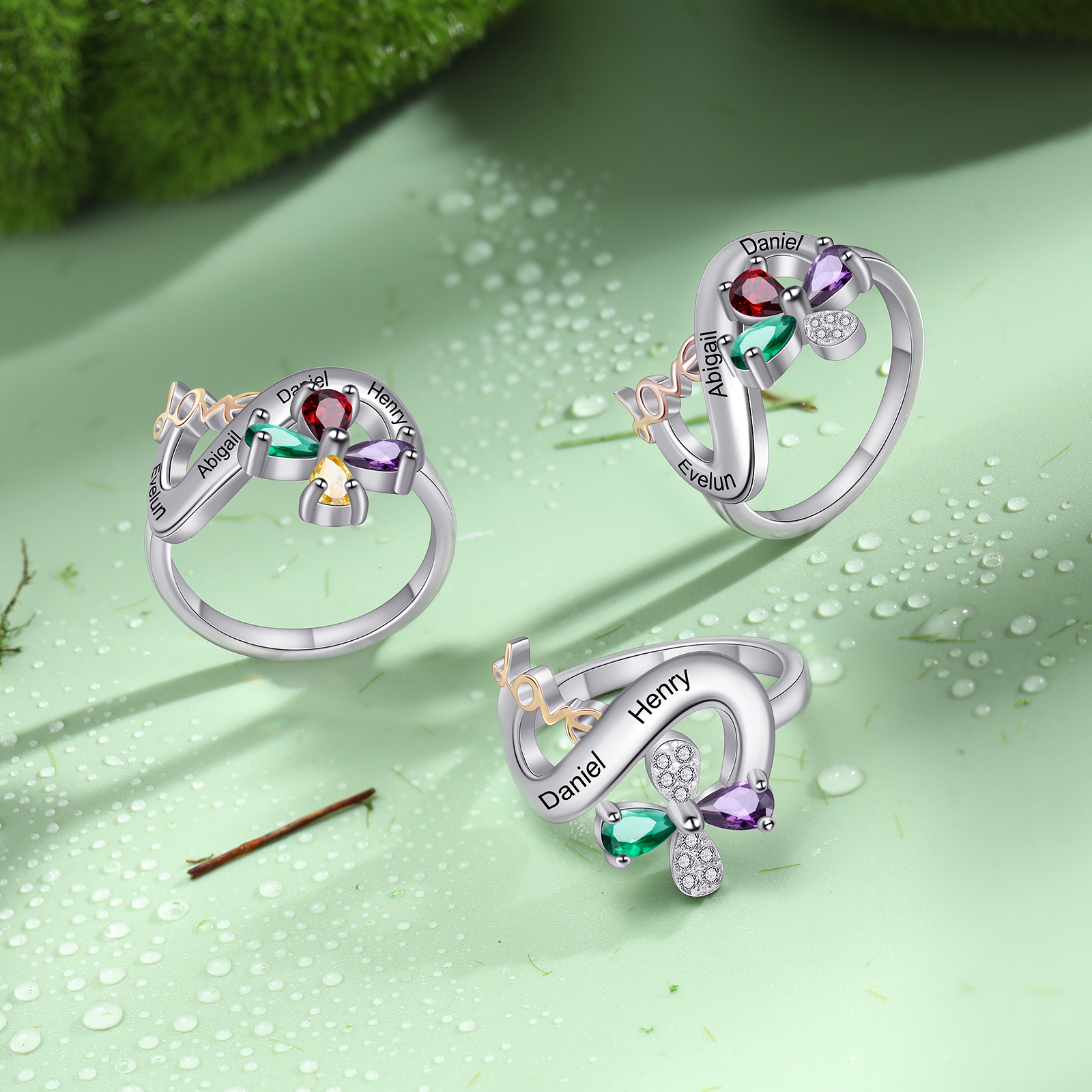 Personalised Butterfly Ring Custom 4 Birthstones Love Ring Gifts For Her