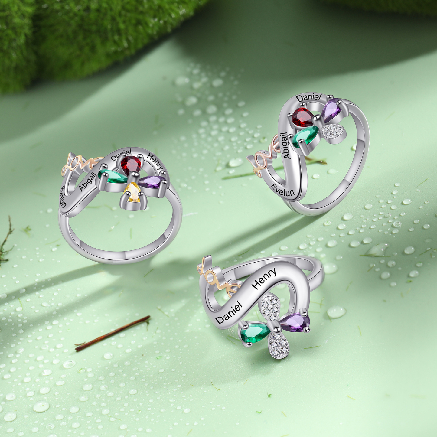 Personalised Butterfly Ring Custom 3 Birthstones Love Ring Gifts For Her-Jessemade AU