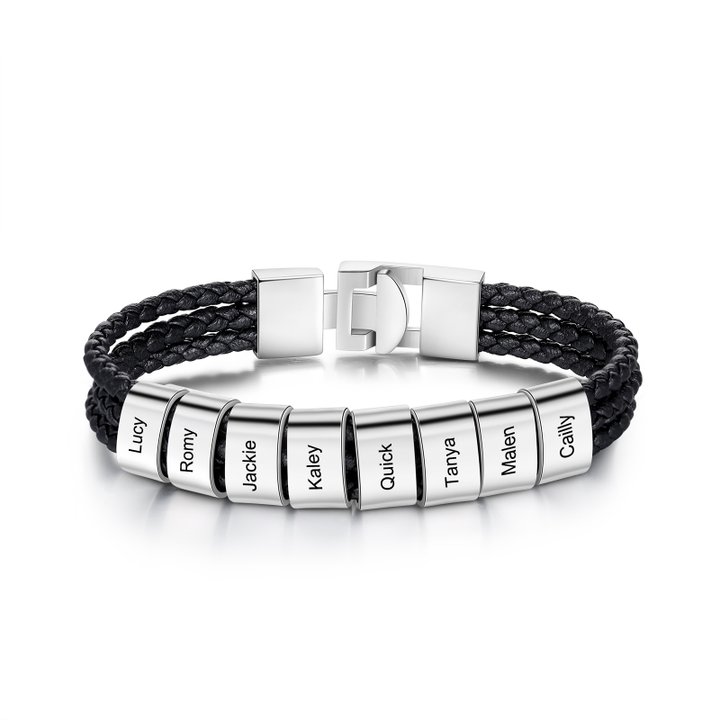 Personalised Braided Leather Bracelet Engraved 8 Names Men's Bracelet Gifts For Him-Jessemade AU