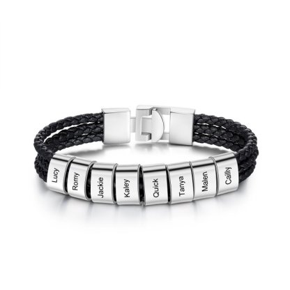 Personalised Braided Leather Bracelet Engraved 8 Names Men's Bracelet Gifts For Him-Jessemade AU