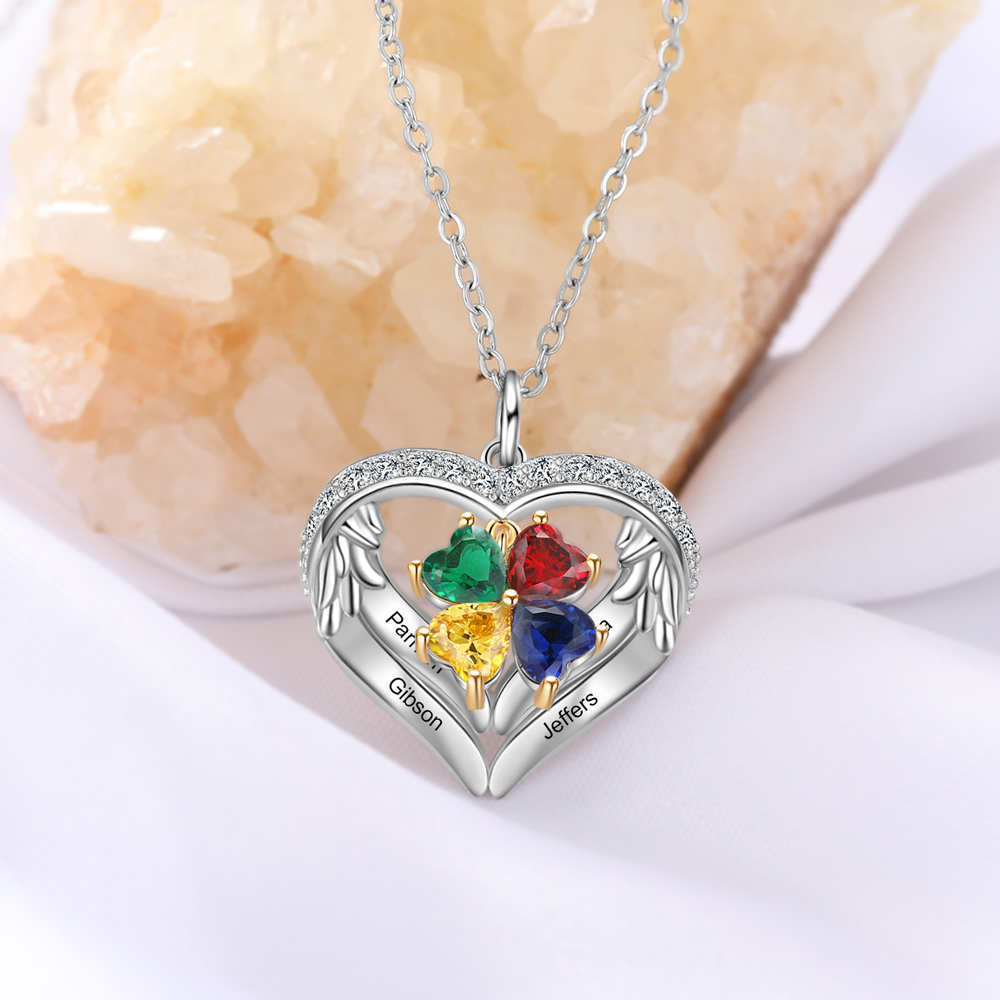 Personalised Wings Necklace With 4 Heart Birthstones Engraved Names Gift For Women-Jessemade AU