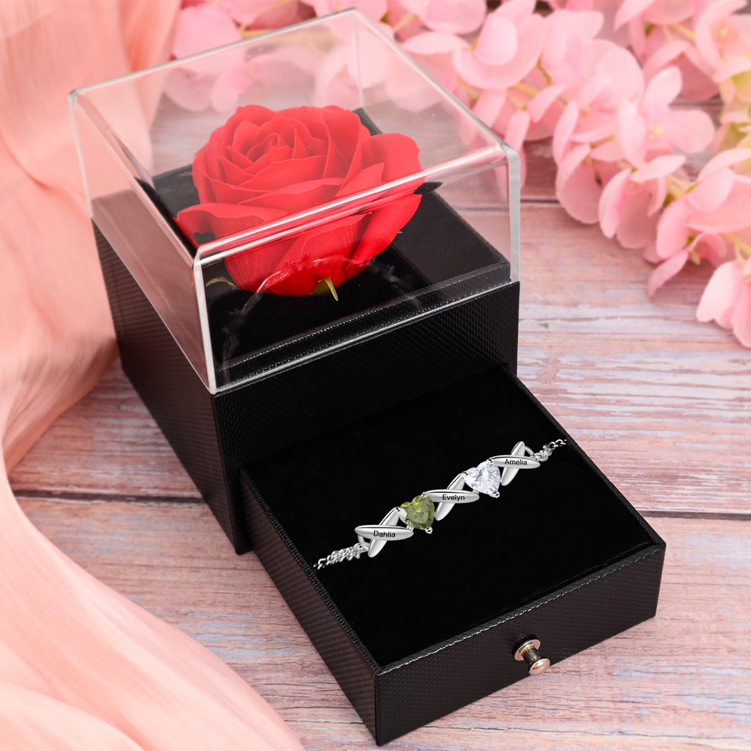 Custom 2 Birthstones Bracelet Engraved 3 Names Bracelet Personalised Birthday Gift for Her-Jessemade AU