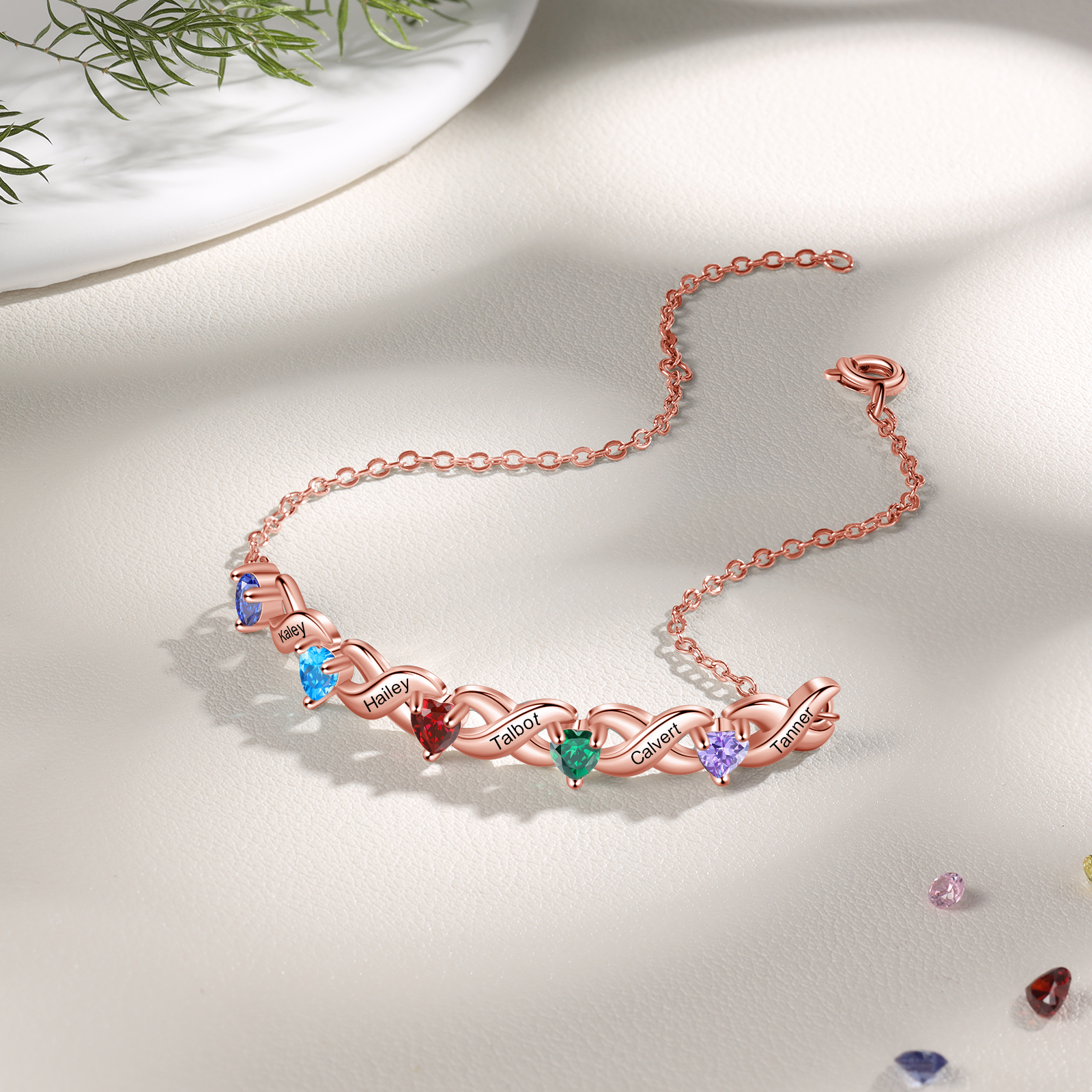 Family Custom Bracelet Heart Personalised with 5 Birthstones Gift Box Set-Jessemade AU