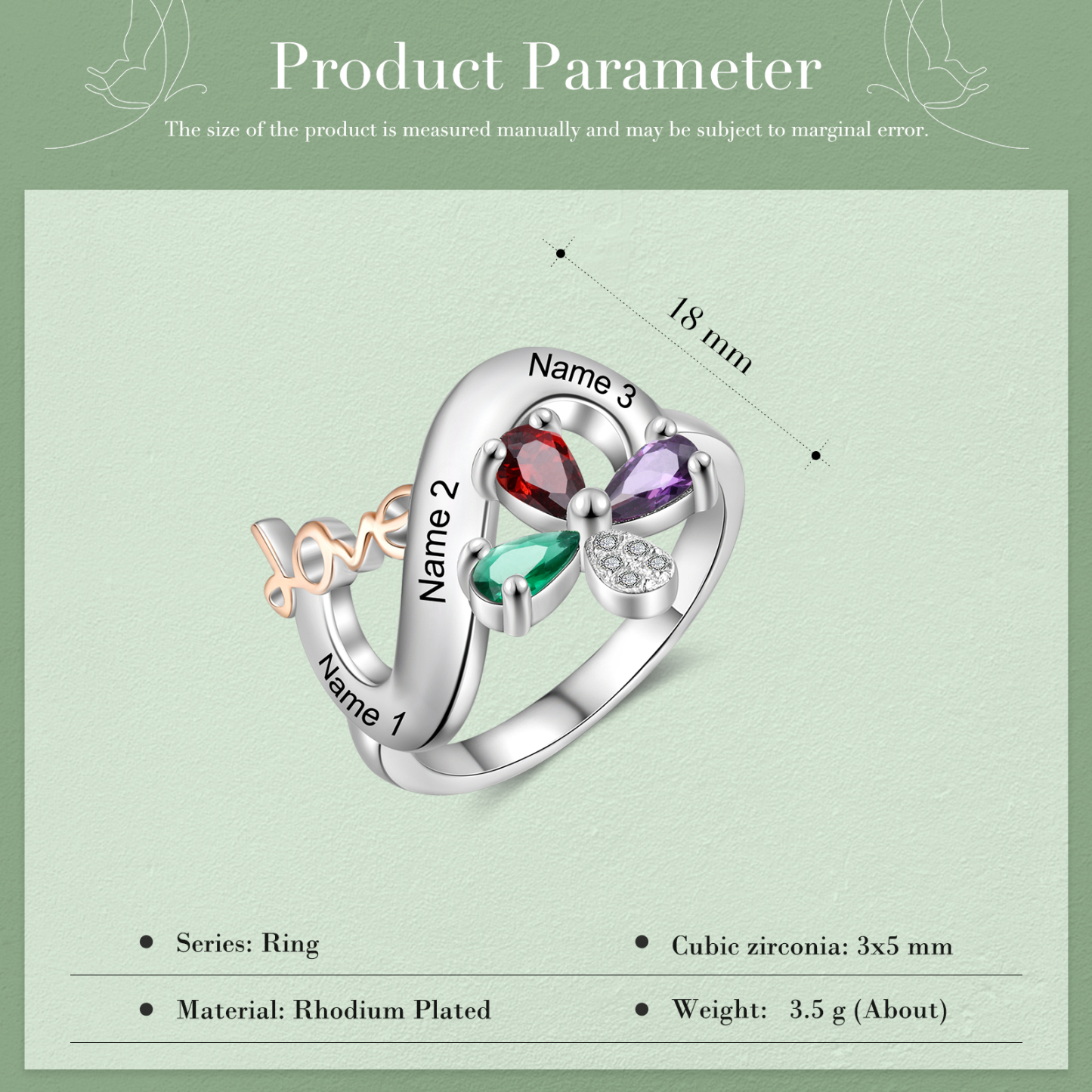 Personalised Butterfly Ring Custom 3 Birthstones Love Ring Gifts For Her-Jessemade AU