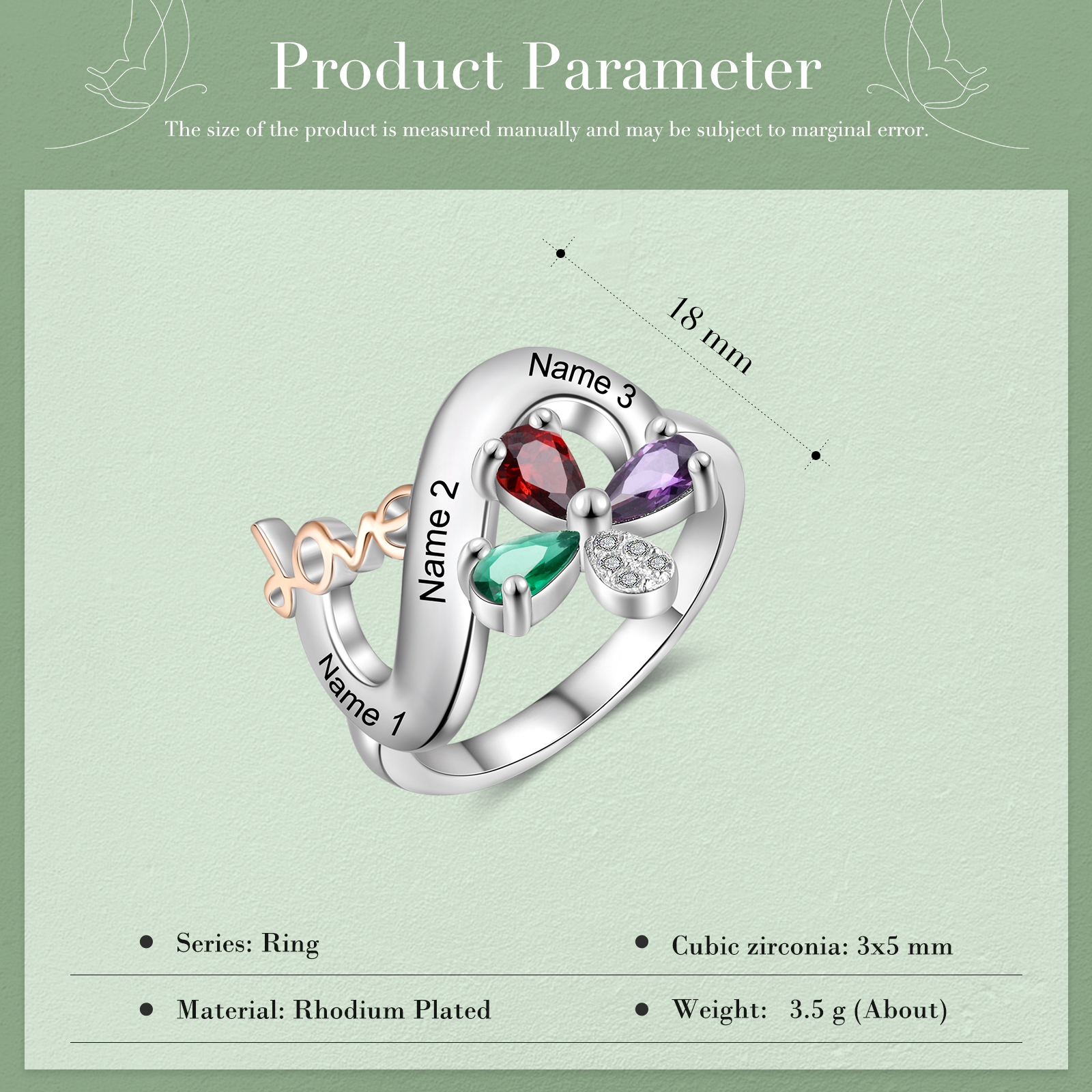 Personalised Butterfly Ring Custom 3 Birthstones Love Ring Gifts For Her-Jessemade AU