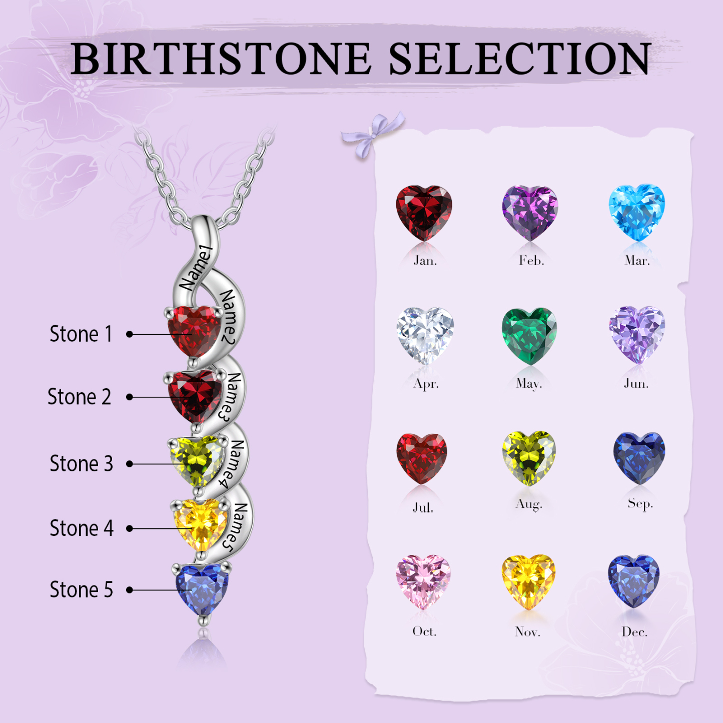 Custom Heart Birthstone Jewelry Set Necklace Bracelet for Family Personalised with 5 Names 5 Birthstones-Jessemade AU