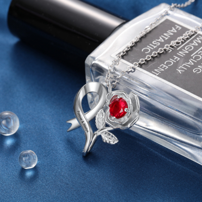 Personalised Rose Flower Necklace With 1 Birthstones Engraved Names Gift For Women-Jessemade AU