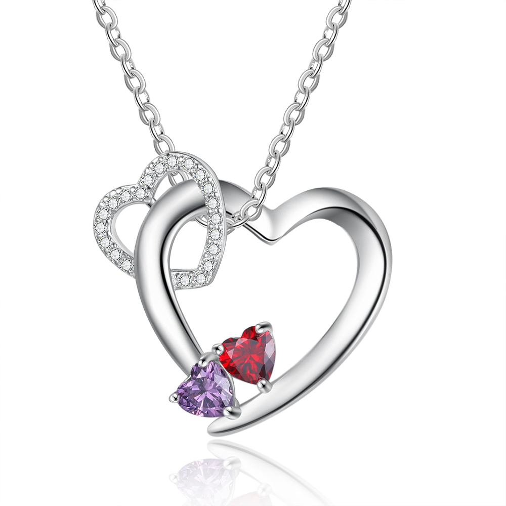 Personalised Heart Necklace With 2 Birthstones Engraved Names Gift For Women-Jessemade AU