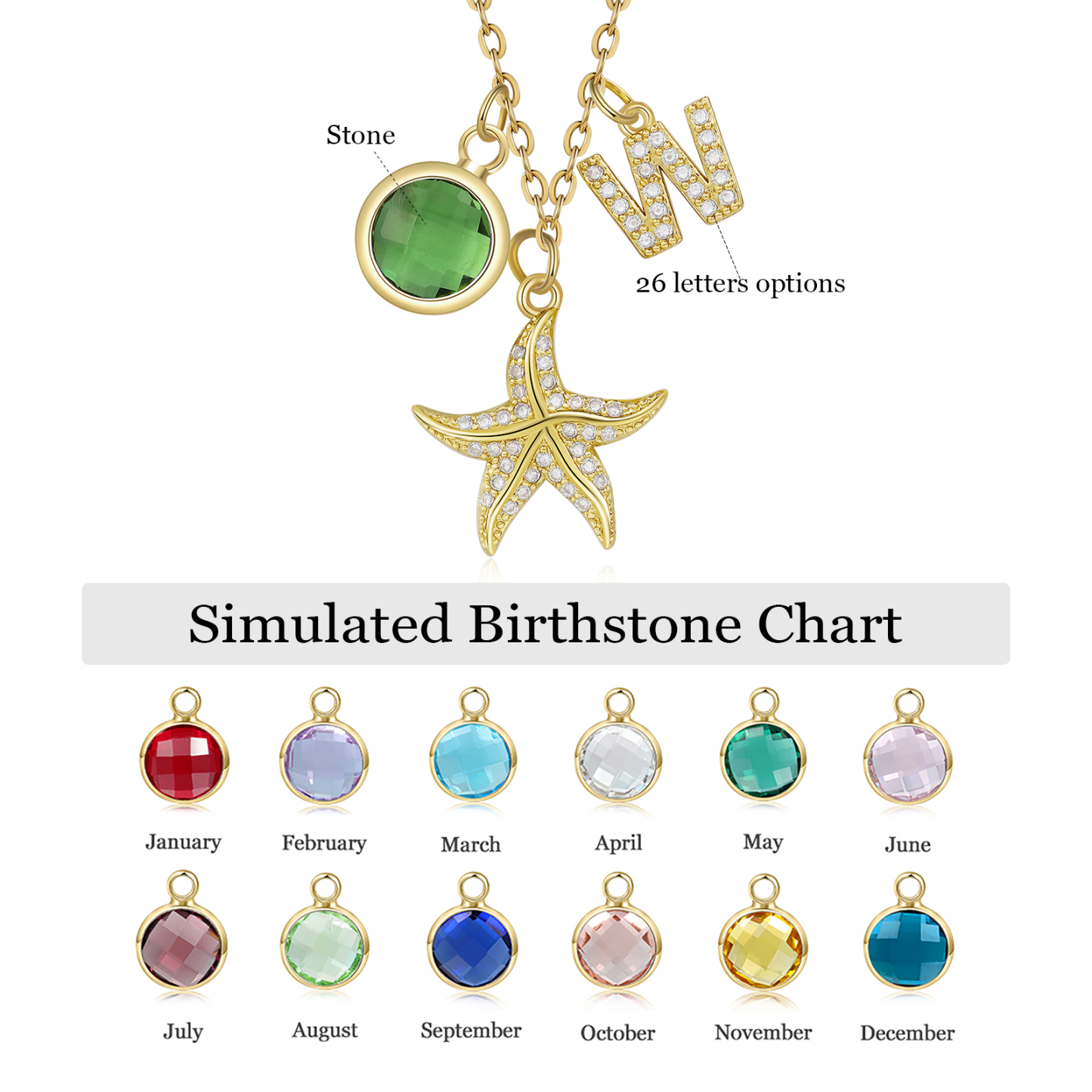 Personalised Starfish Necklace Custom Birthstone and Initial Kid's Necklace-Jessemade AU