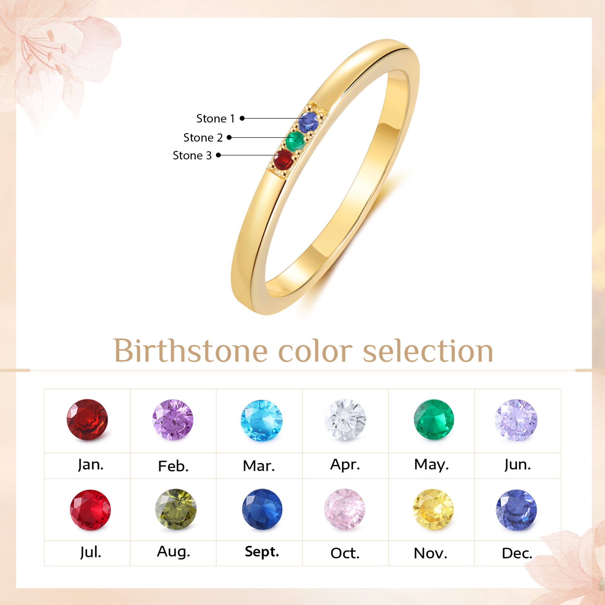 Personalised Women's Ring Custom 3 Birthstones Ring Birthday Gift for Her-Jessemade AU