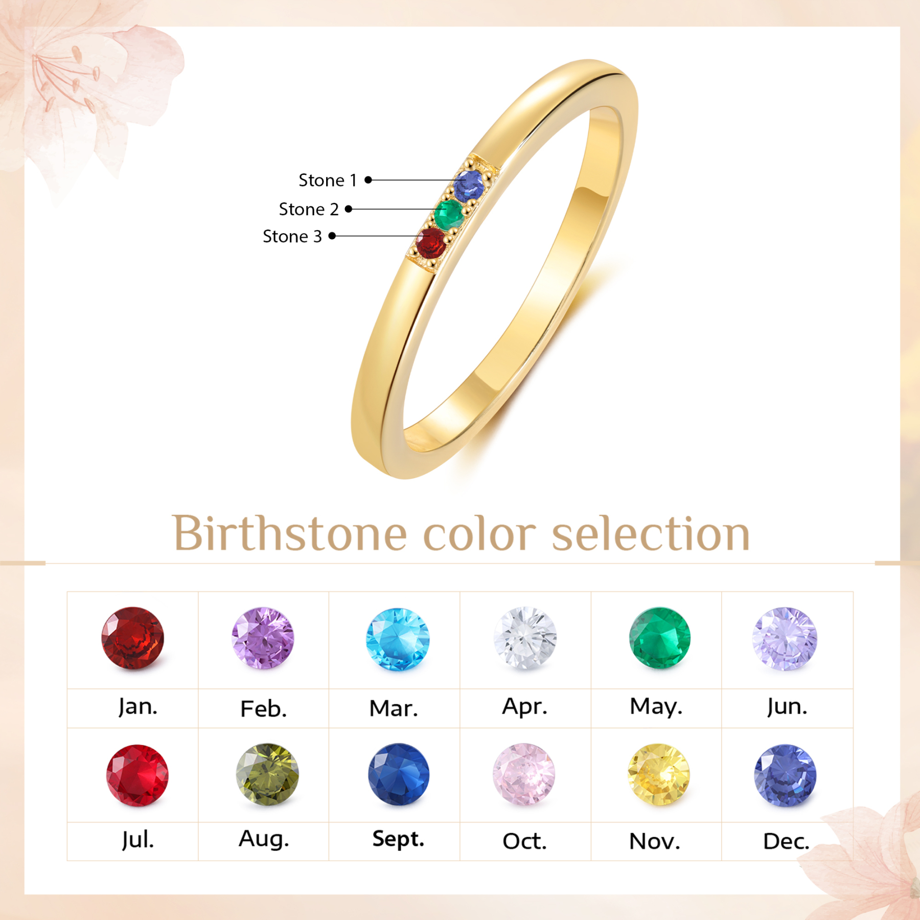 Personalised Women's Ring Custom 3 Birthstones Ring Birthday Gift for Her-Jessemade AU