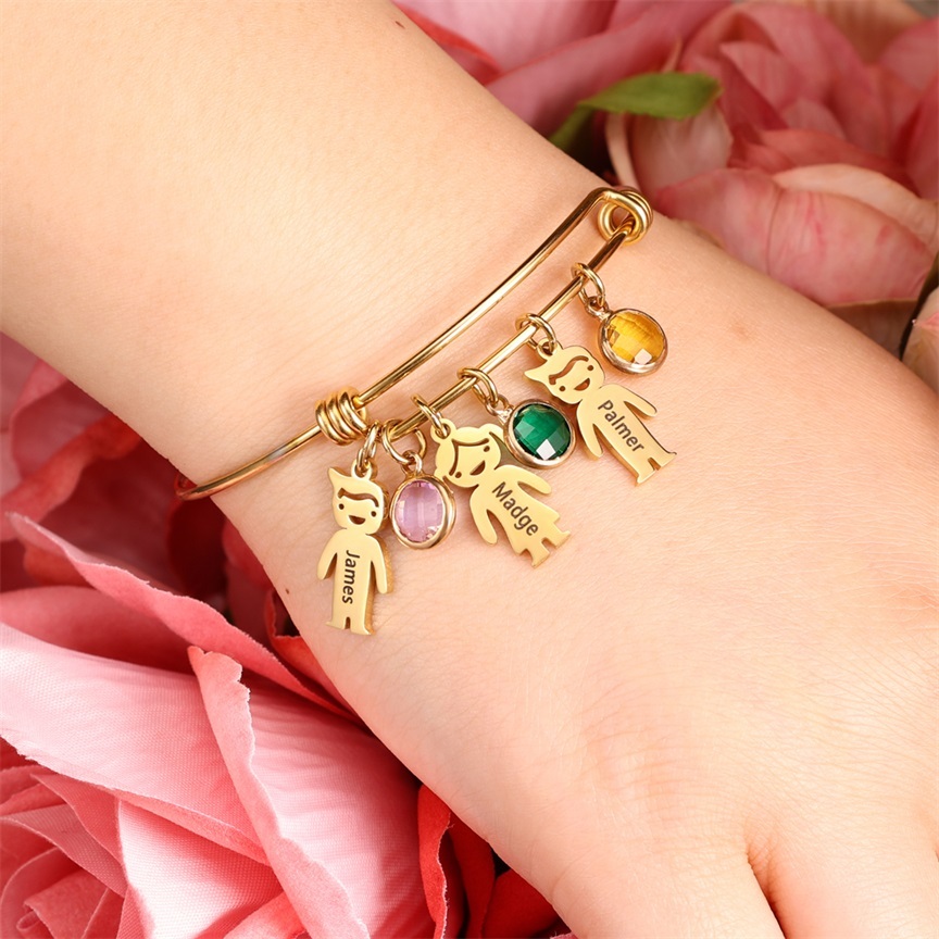 Women Bangle Bracelet with Kids Charms 5 Birthstones Engraved 5 Names Rose Box Set-Jessemade AU