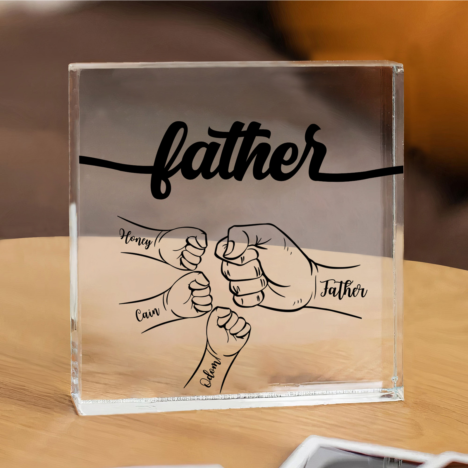 Personalised 4 Names & 1 Text Acrylic Square Keepsake Custom Fist Bump Rectangle Plaque Gifts for Father/Grandpa-Jessemade AU
