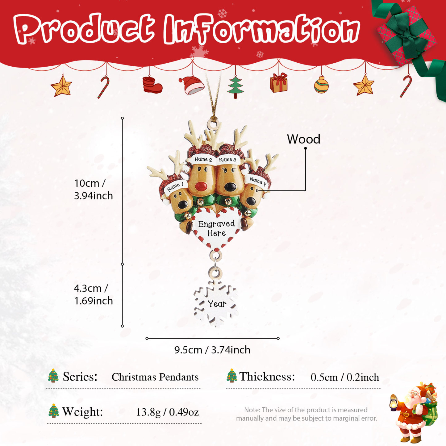 4 Names - Personalised Reindeer Christmas Ornament Customised Name & Text & Year Wooden Hanging Ornaments Christmas Gift for Family-Jessemade AU