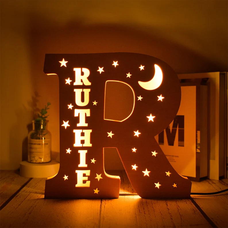 Personalised Big Letter Wooden LED Night Light Engraved 1 Name Lamp-Jessemade AU