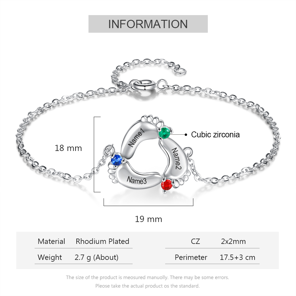 Personalised Baby Foot Bracelet With 3 Birthstones Engraved Names Gift For Mother-Jessemade AU