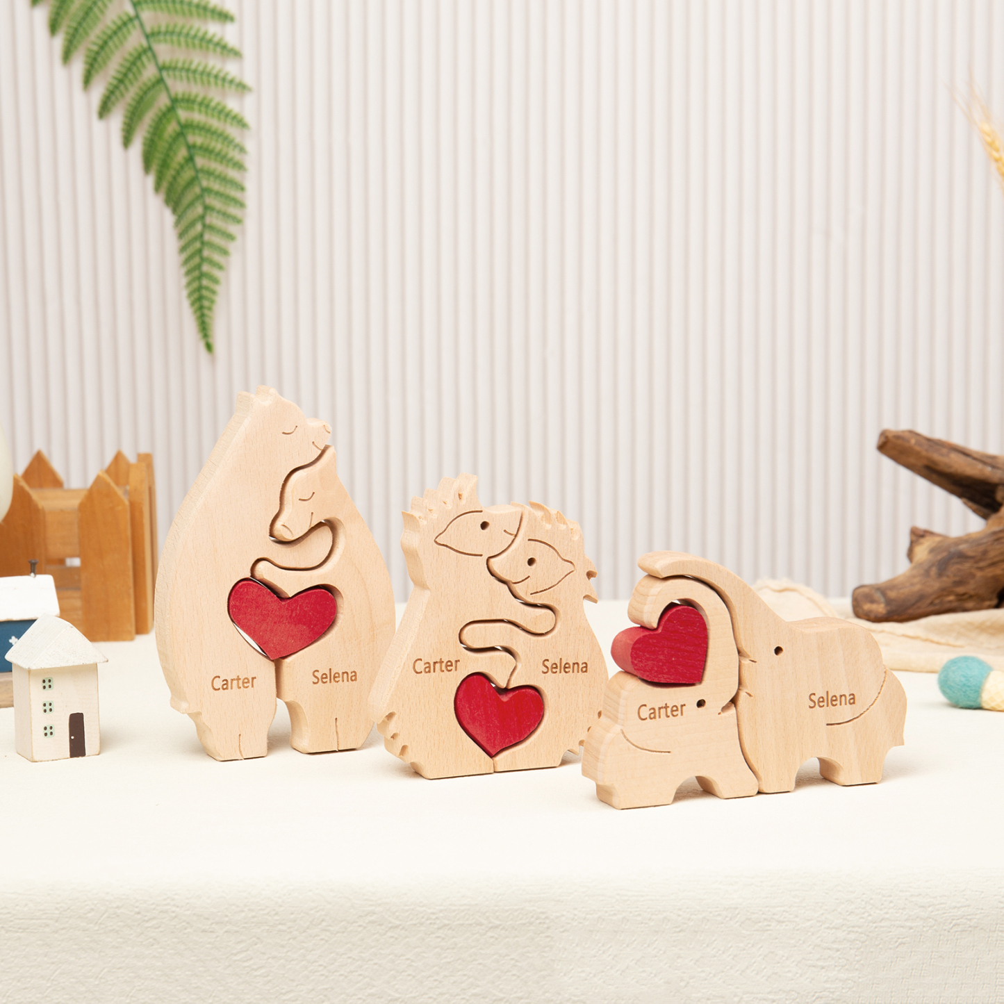 Personalised Wooden Animal Puzzle Custom 2 Names Puzzle Bear Hedgehog Elephant Hug Ornament Gifts for Family Couple-Jessemade AU