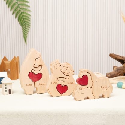 Personalised Wooden Animal Puzzle Custom 2 Names Puzzle Bear Hedgehog Elephant Hug Ornament Gifts for Family Couple-Jessemade AU