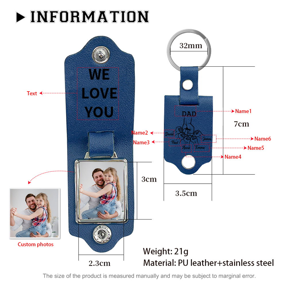 6 Names - Personalised Photo & Text & Name Leather Keychain Custom Fist Bump Keychain Gift for Dad/Grandpa-Jessemade AU