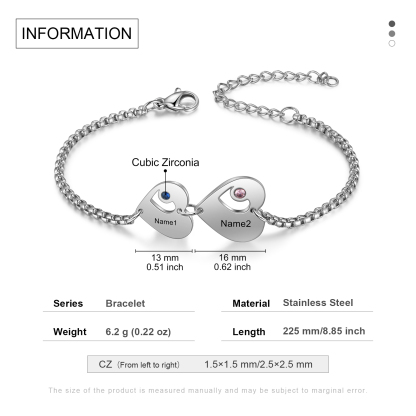 2 Names - Personalised Heart Bracelet Custom Names & Birthstones Family Bracelet Gifts for Her-Jessemade AU