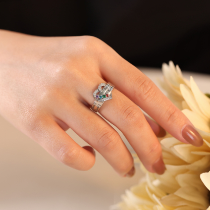 S925 Silver Personalised Mother Ring with 4 Birthstones Heart Family Ring-Jessemade AU