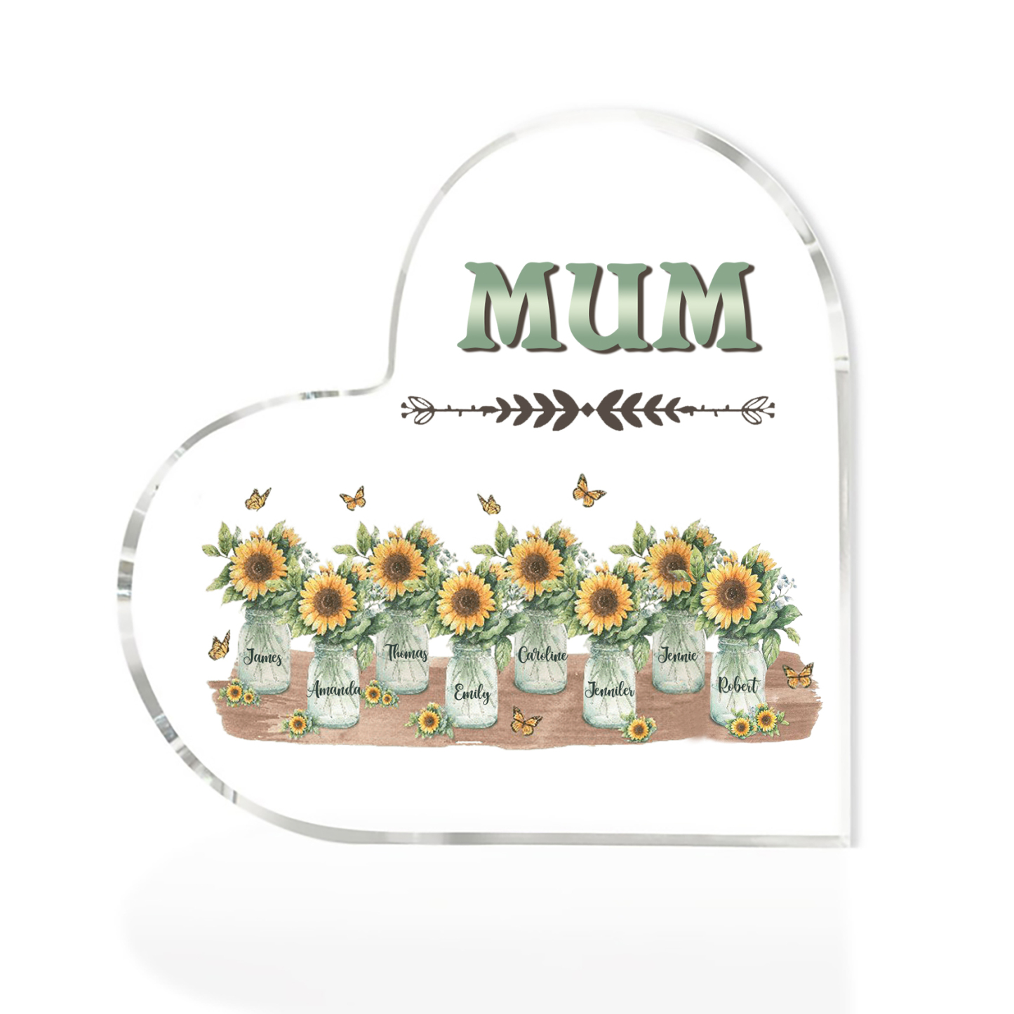 Personalised Acrylic Heart Keepsake Custom 8 Names & 1 Text Sunflower Vase Ornament Gifts for Mother/Grandma-Jessemade AU