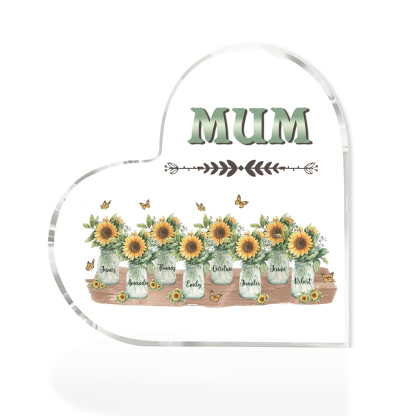 Personalised Acrylic Heart Keepsake Custom 8 Names & 1 Text Sunflower Vase Ornament Gifts for Mother/Grandma-Jessemade AU