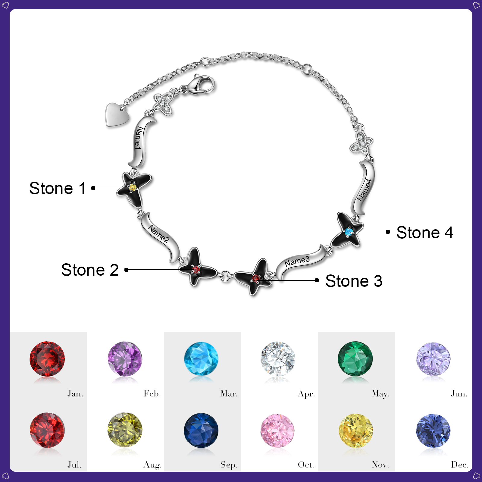 Personalised Butterfly Bracelet With 4 Birthstones Engrave Names Necklace Gift For Women-Jessemade AU