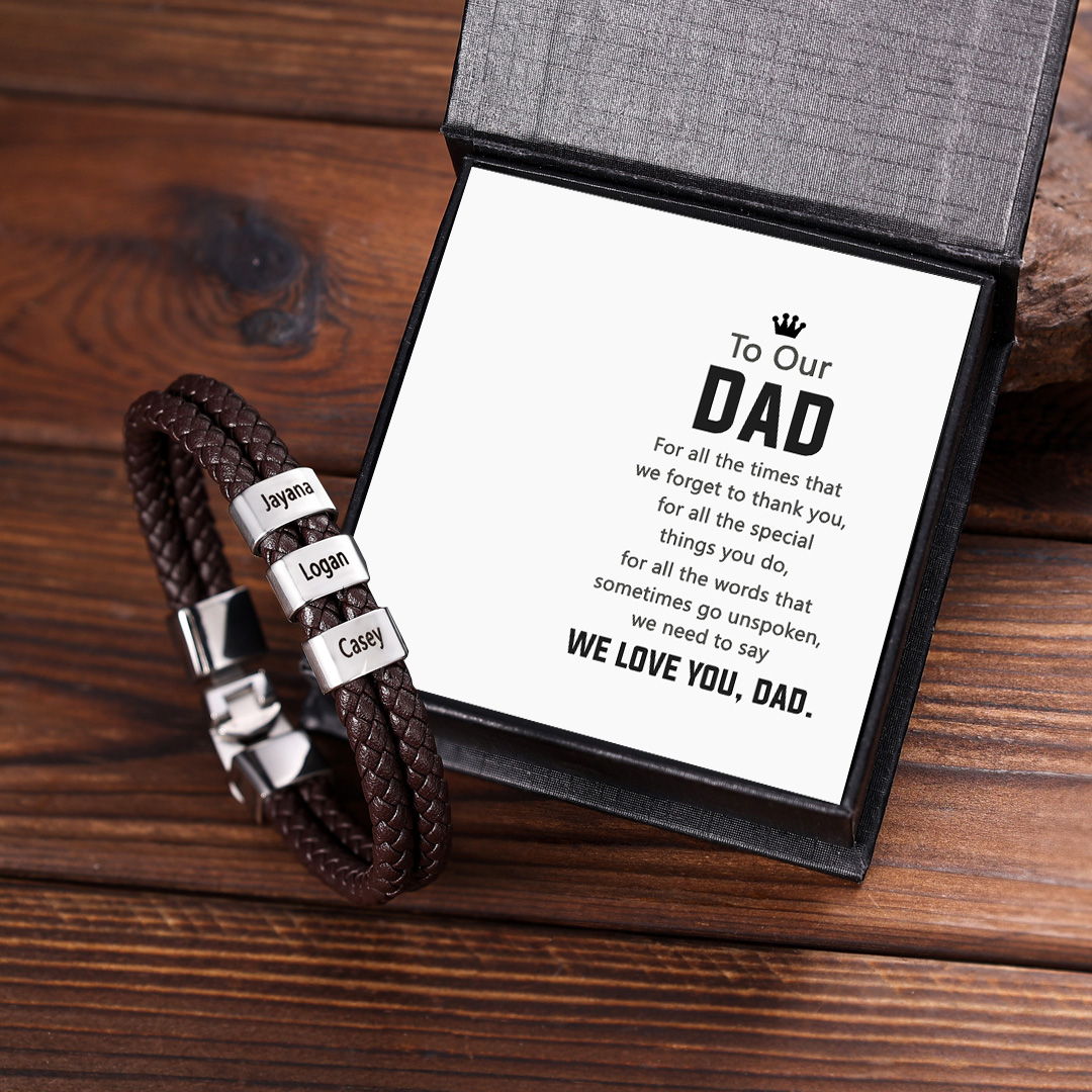 Brown Personalised Double Layered Braided Leather Bracelet Engraved 3 Names Mens Bracelet for Him-Jessemade AU