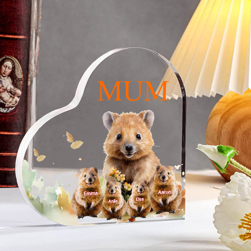 Personalised Acrylic Heart Keepsake Custom 1 Text & 4 Names Ornament Quokka Family Gift for Mother/Grandma-Jessemade AU