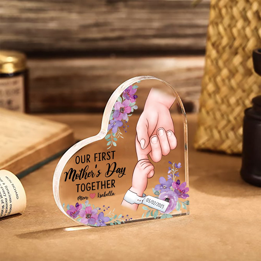 Our First Mother's Day Together - Personalised Date Acrylic Heart Keepsake Holding Hands Custom 2 Names Ornaments-Jessemade AU