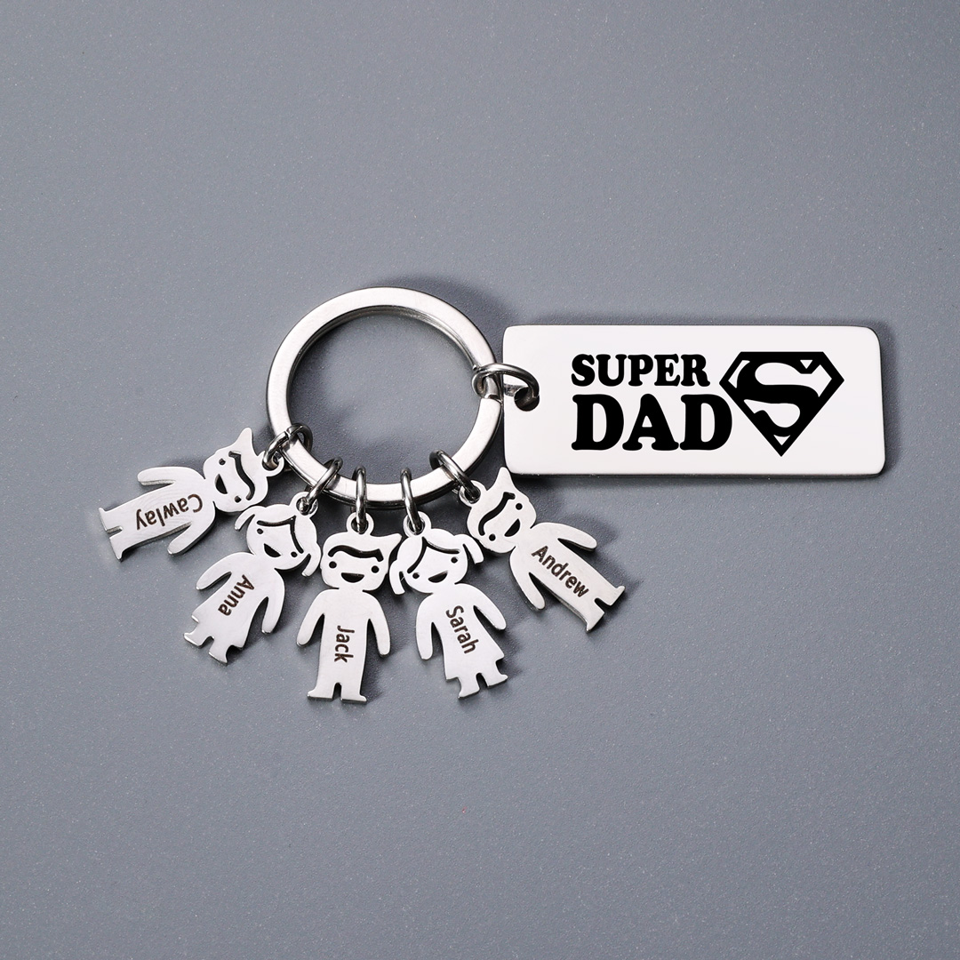 Father's Day Gift Personalised Super Dad Keychain Engraved 5 Kid Charms-Jessemade AU