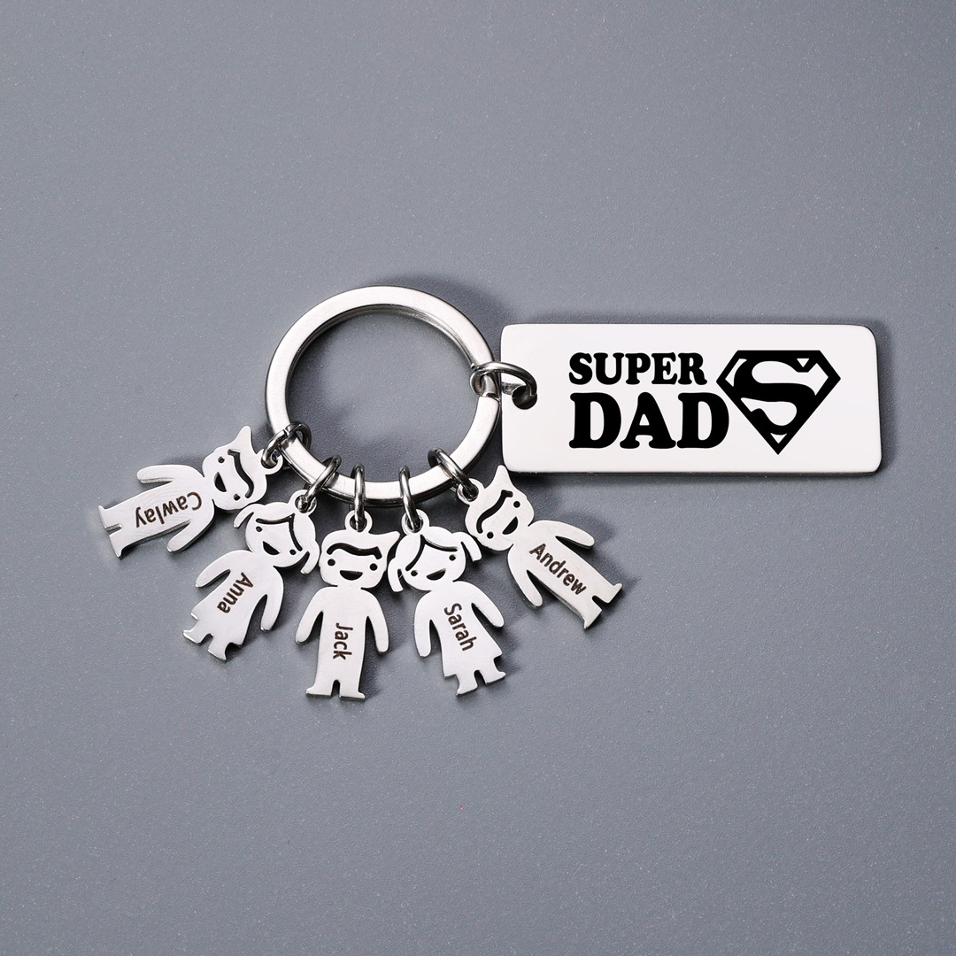 Father's Day Gift Personalised Super Dad Keychain Engraved 5 Kid Charms-Jessemade AU