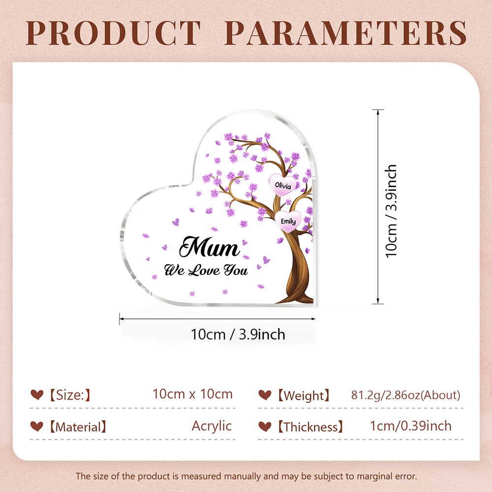 2 Names - Personalised Acrylic Heart Keepsake Custom Text Purple Flowers Tree Ornaments Gifts for Grandma/Mother-Jessemade AU