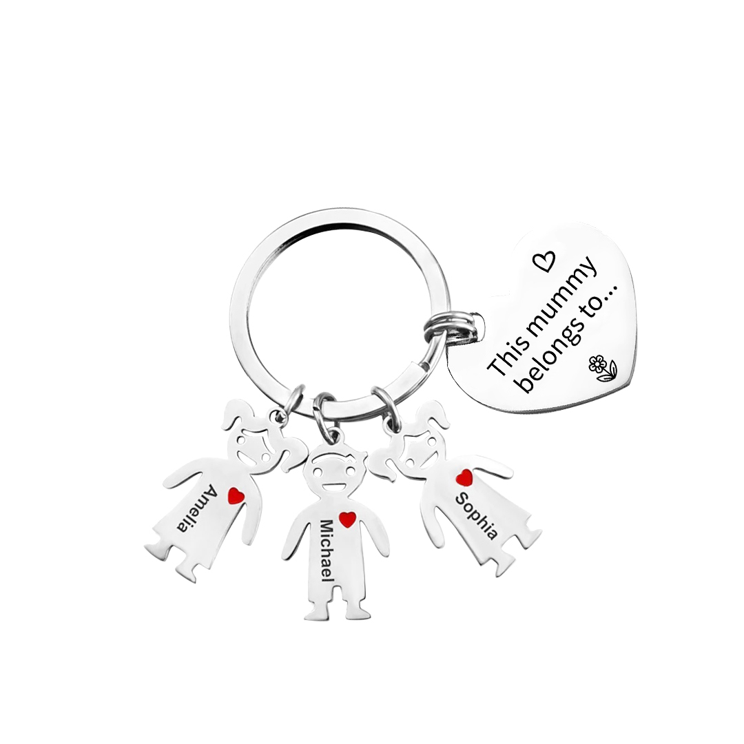 Personalised Heart Keychain With Engraved 3 Kid's Names Charms "This Mummy Belongs to" Mother's Day Gifts For Mum