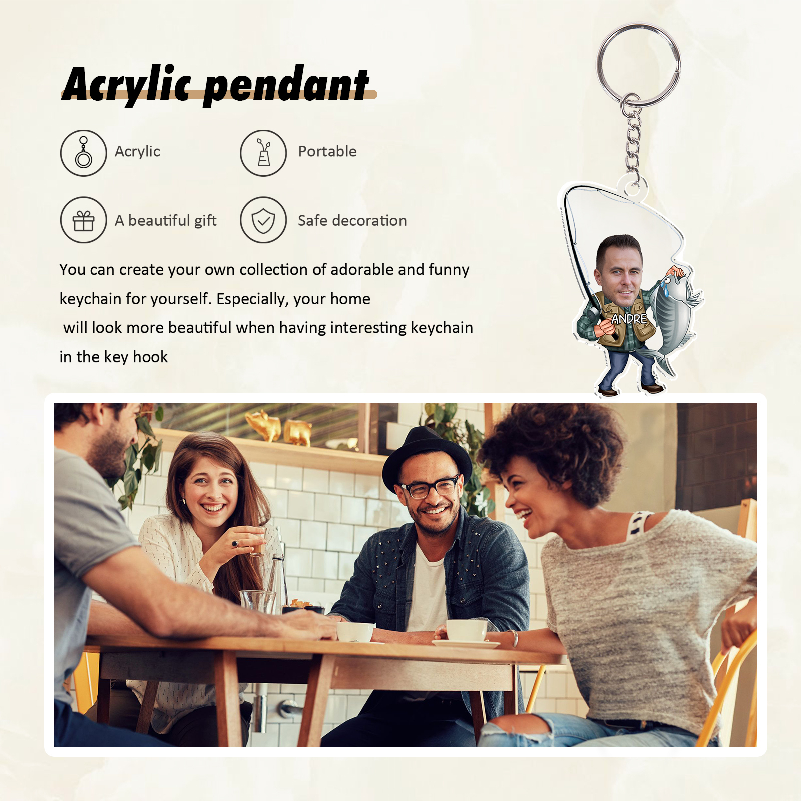 Custom Photo & Name Acrylic Keychain Fishing Hanging Ornament Creative Personalised Gift for Him-Jessemade AU