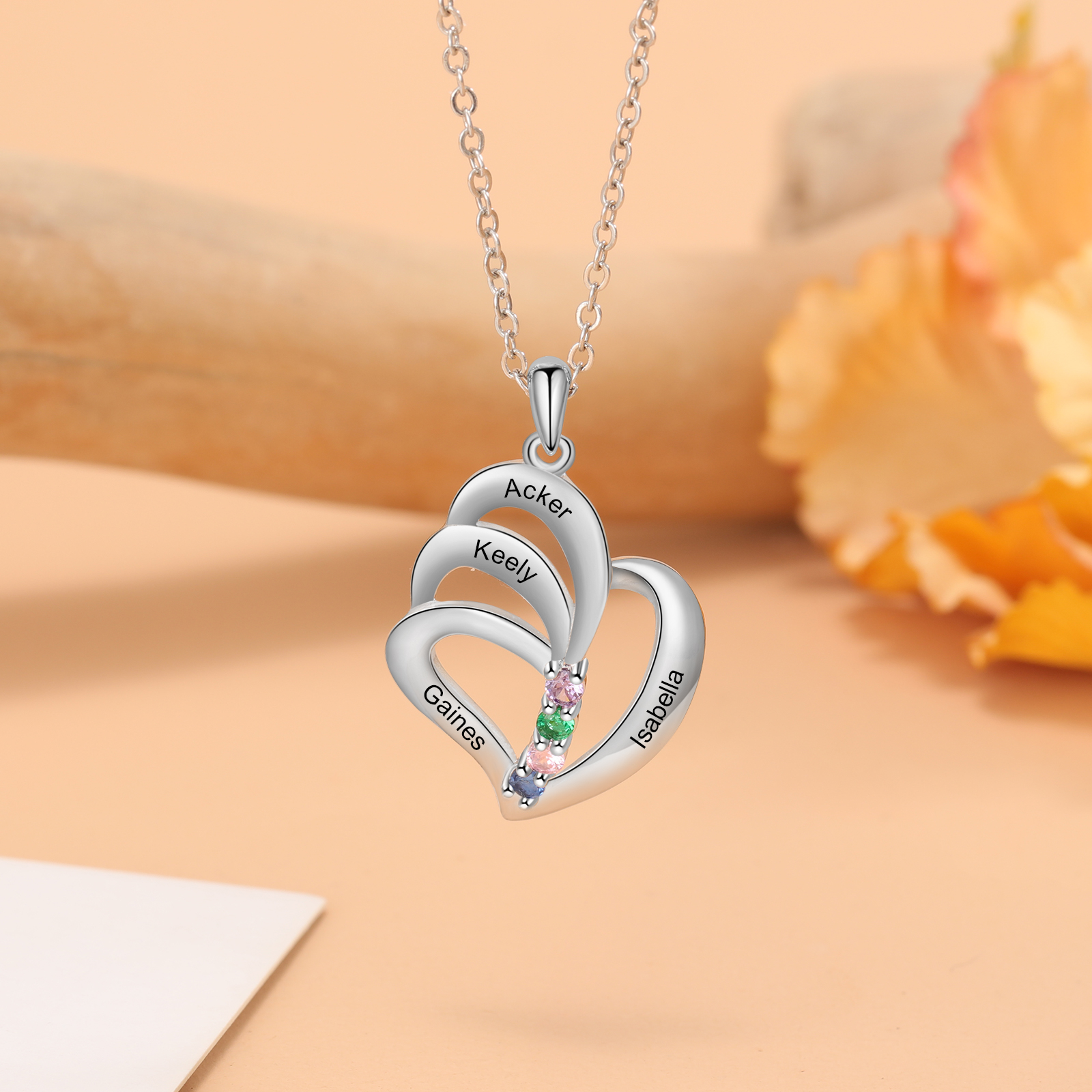 Personalised Heart Necklace With 4 Birthstones Engraved Names Gift For Her-Jessemade AU