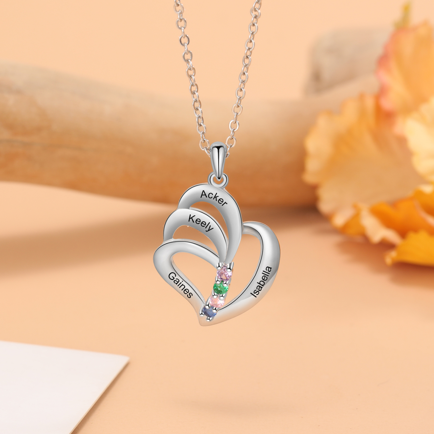 Personalised Heart Necklace With 4 Birthstones Engraved Names Gift For Her-Jessemade AU