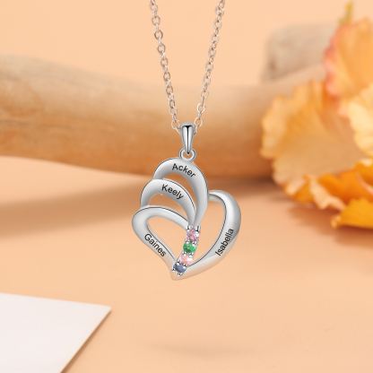 Personalised Heart Necklace With 4 Birthstones Engraved Names Gift For Her-Jessemade AU