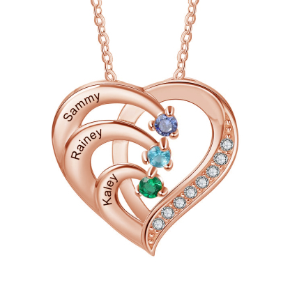 Personalised Mother Necklace 3 Stones Engraved 3 Names Birthstone Intertwined Heart Pendant Gifts for Her-Jessemade AU