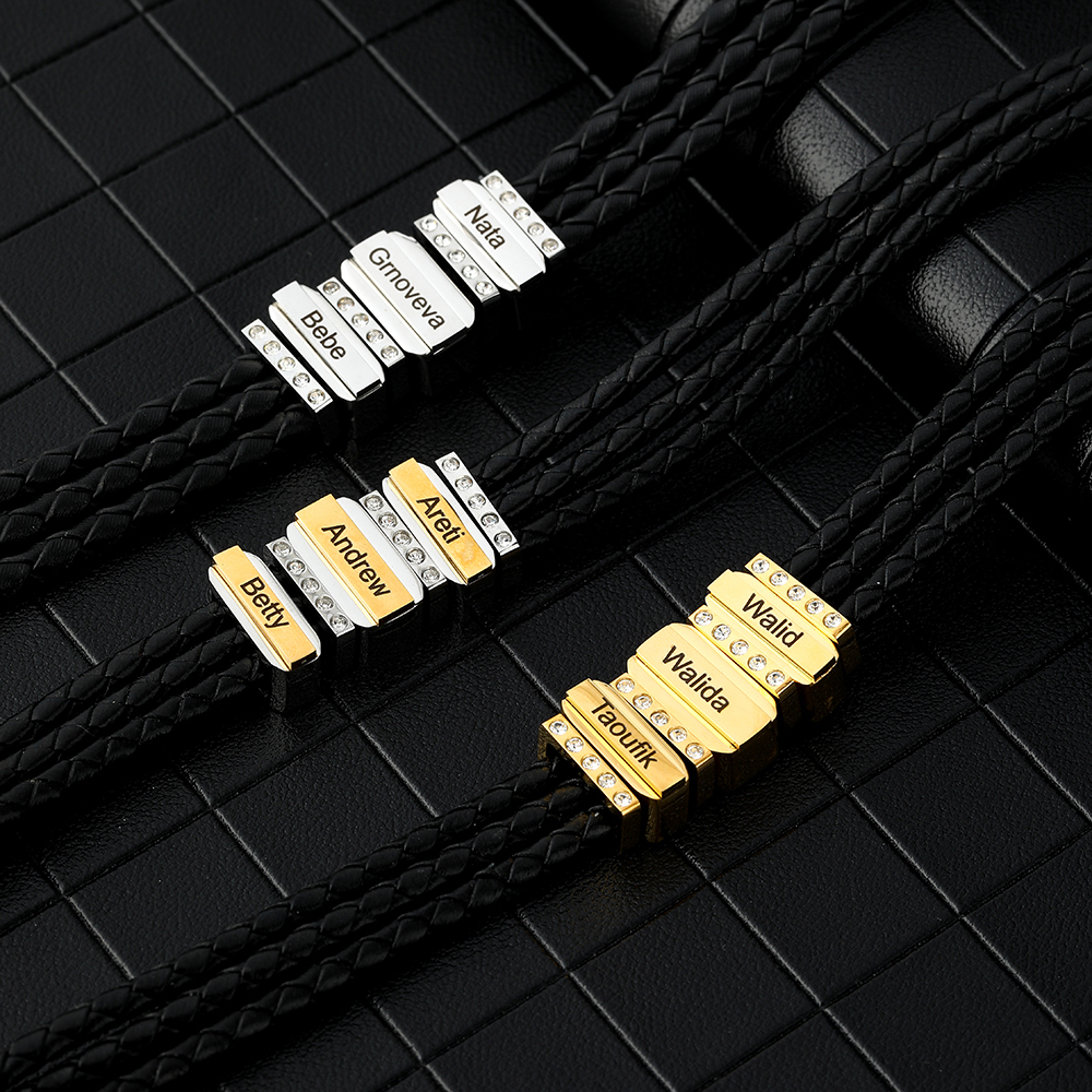 Mens Leather Bracelet with Customised Beads Personalised Three Layer Bracelet Engraved 3 Names-Jessemade AU