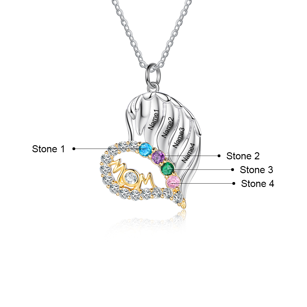 Personalised Heart Necklace With 4 Birthstones Engraved Names Gift For Mother-Jessemade AU