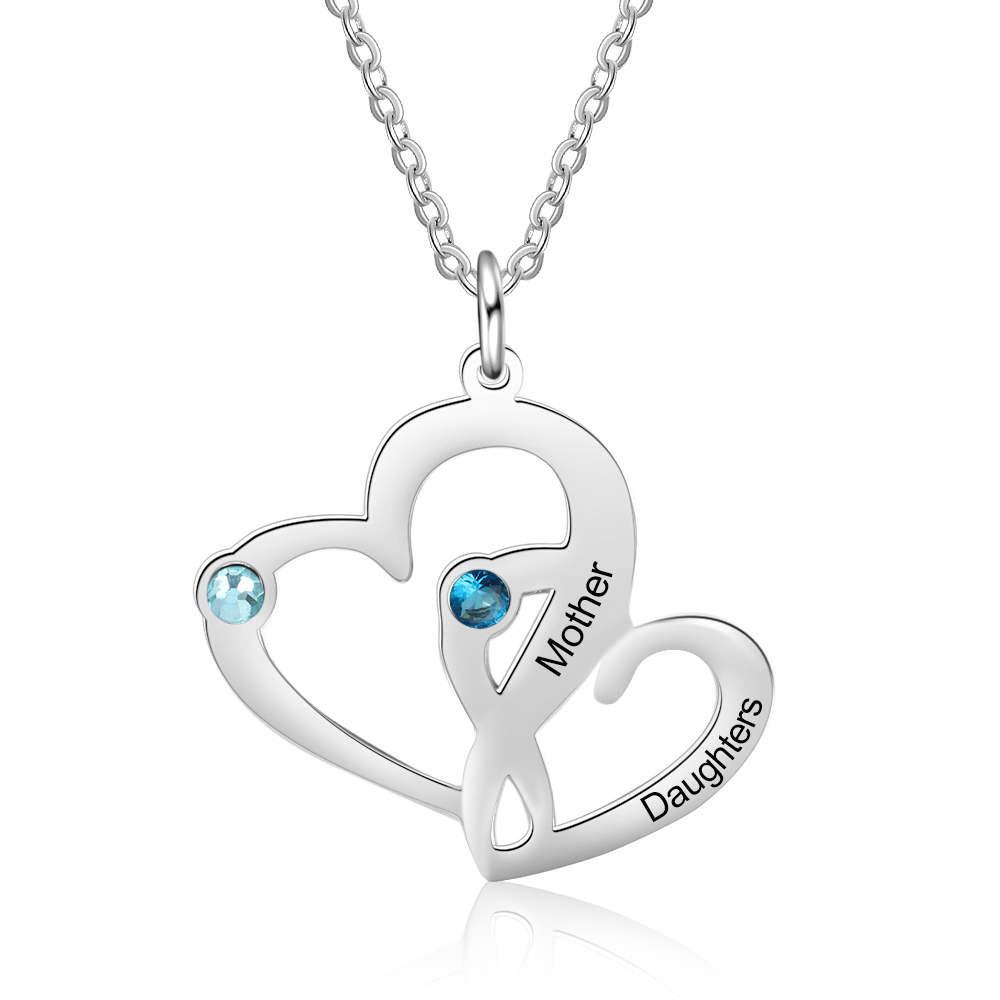 Personalised Heart Necklace With 2 Birthstones Engraved Names Gift For Her-Jessemade AU