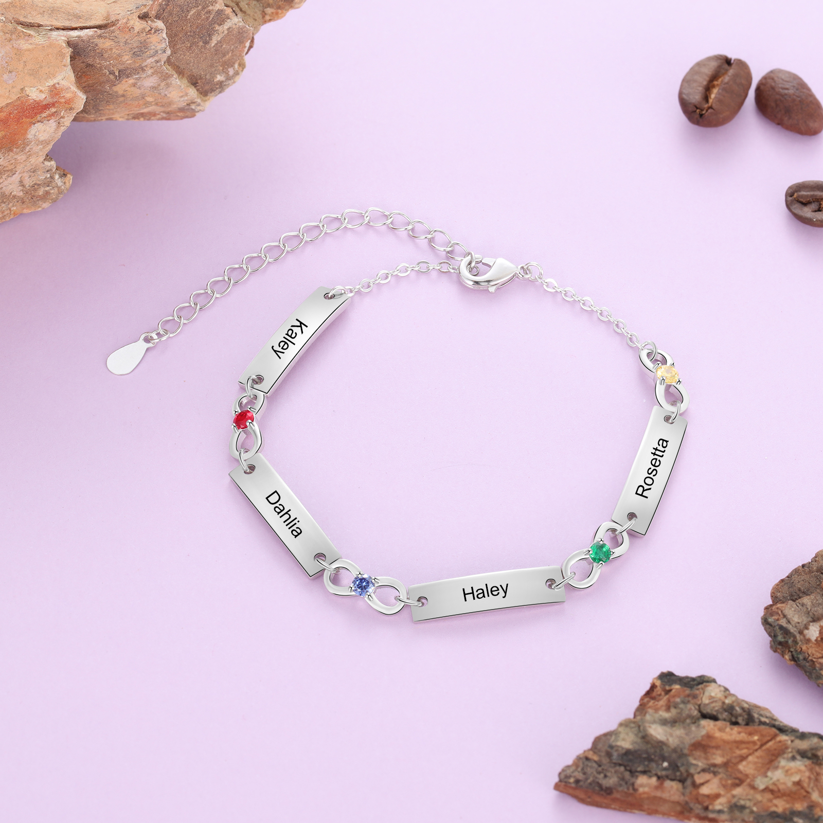 Personalised Bracelet With 4 Birthstones Engraved Names Bracelet Gift For Women-Jessemade AU