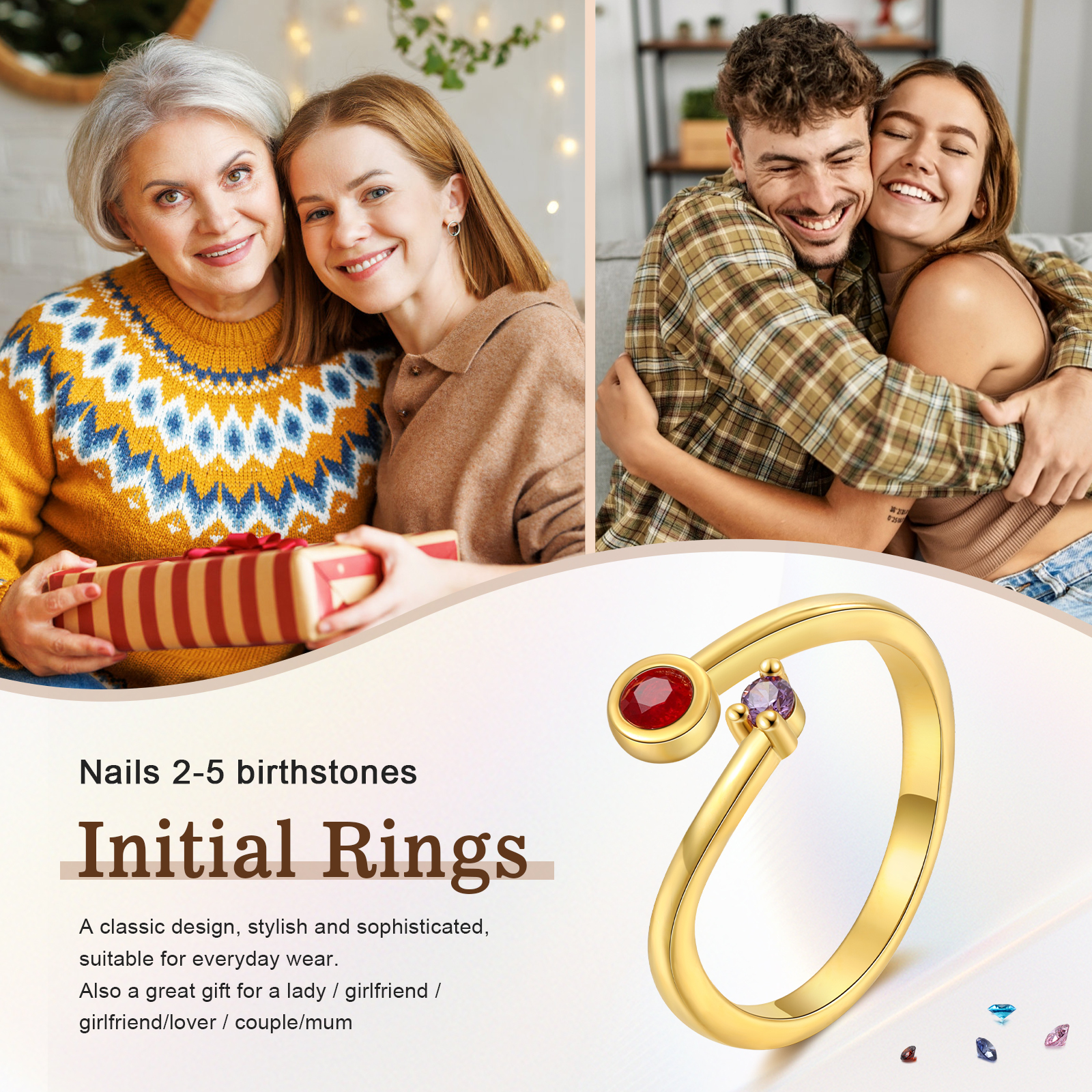 Personalised Women's Ring Custom 2 Birthstones Open Ring Birthday Gift for Ladies Girls-Jessemade AU