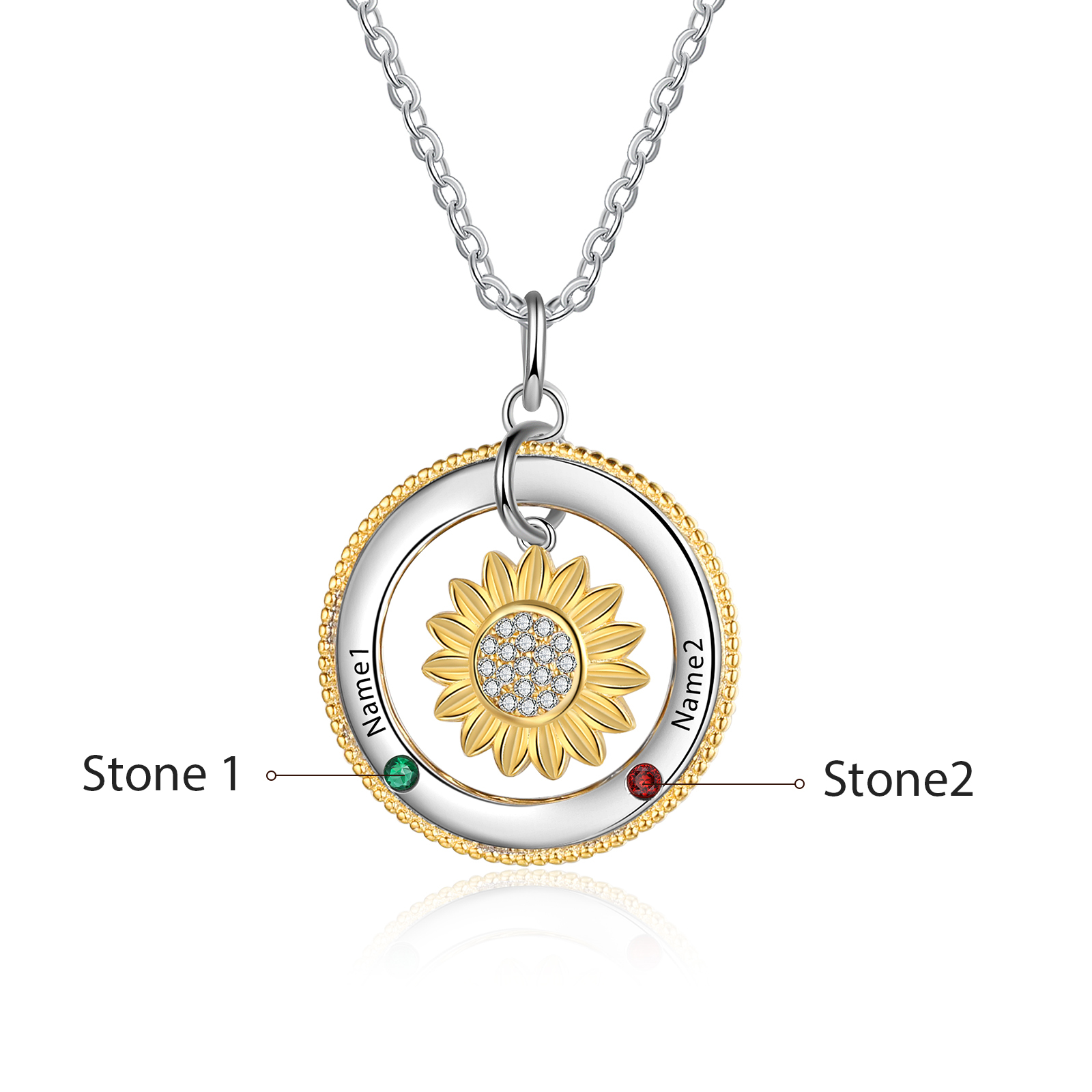 Personalised Sunflower Necklace With 2 Birthstones Engraved Names Necklace Gift For Women-Jessemade AU